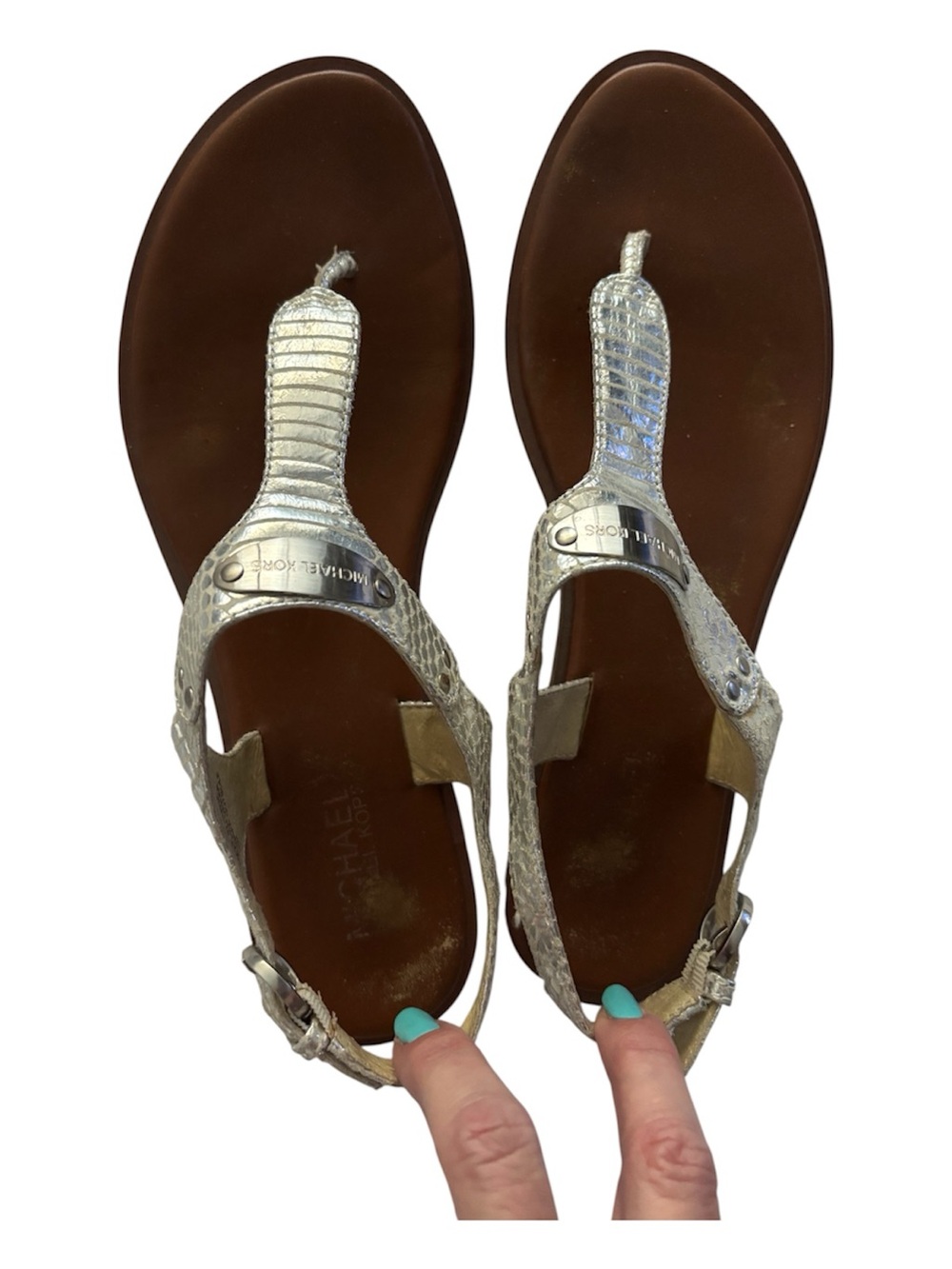 MICHAEL Michael Kors MK Plate Silver Snake Embossed Leather Thong Sandals Sz 10